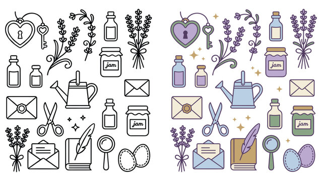 Vintage floral lavender and household object icon set with letter writing equipment theme.