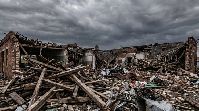 A destroyed building with debris and rubble scattered everywhere outside.