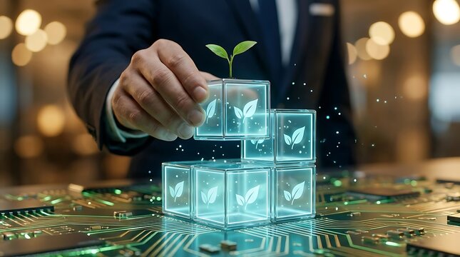 Businessman's hand building stack of glowing cubes with leaf icons, representing sustainable technology growth and eco-friendly innovation.