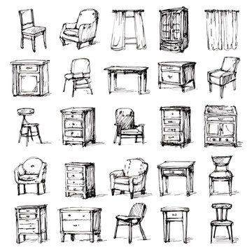 Collection of various wooden furniture.