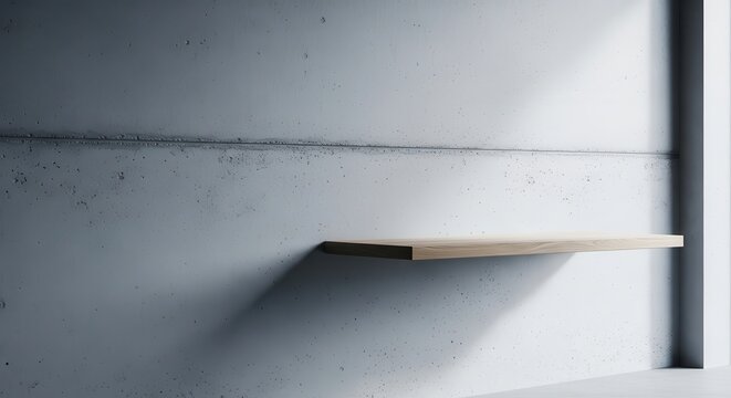 Minimalist floating wooden shelf mounted on a textured concrete wall with soft shadow