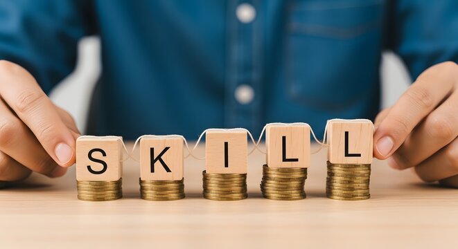 Skill development concept wooden blocks spelling 'skill' on gold coins