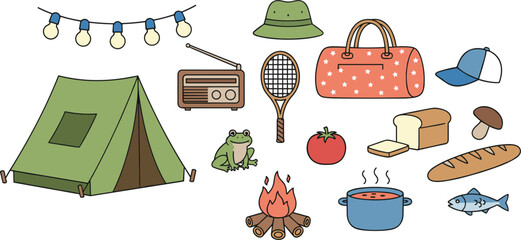 Vector summer camping set with green tent campfire radio duffel bag and outdoor recreation elements isolated on white © SHANJIDA