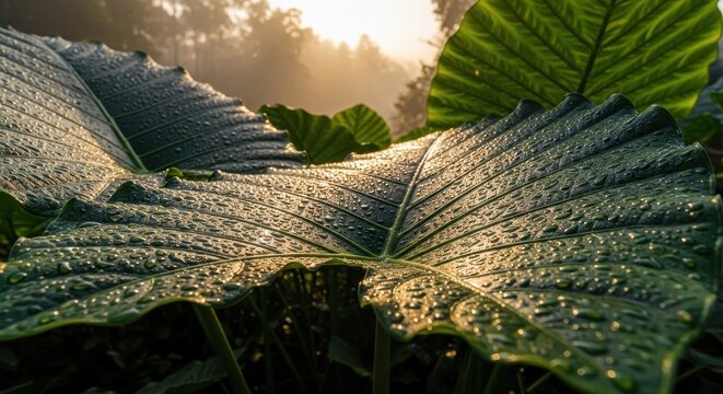 Giant Alocasia Leaves Covered in Morning Dew with Golden Sunlight