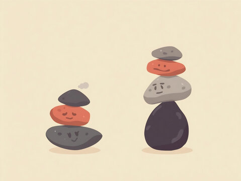 Balance and Harmony: A minimalist illustration captures a sense of equilibrium through stacked stones with subtle facial expressions, representing mindfulness and inner peace.
