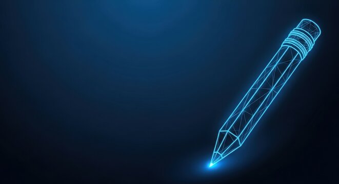 Futuristic digital pen creating glowing neon lines on a dark blue background