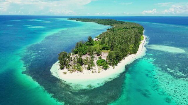 Cinematic aerial panorama of Balabac islands &ndash; Pristine tropical paradise with crystal clear turquoise water, white sandbars, and untouched nature in Palawan, Philippines
