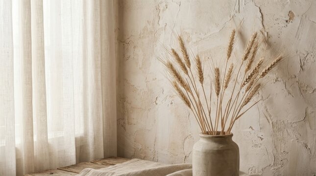Delicate sprigs of wheat rendered in muted beige tones, displayed in a rustic vase against a textured wall