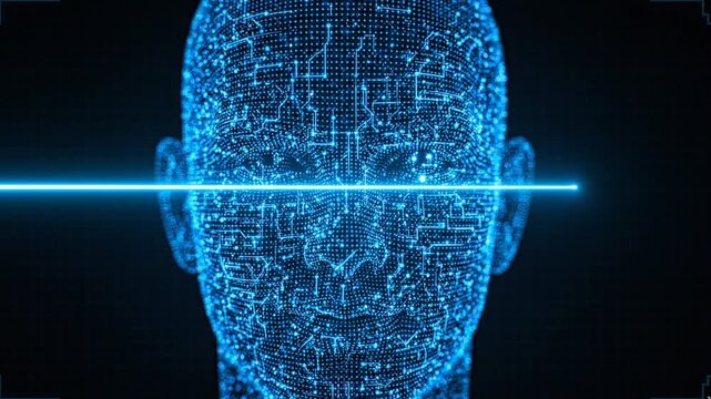Biometric facial recognition scanning with laser light on digital human face for cyber security concept