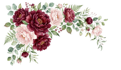 watercolor, bouquet, peony, burgundy, blush, floral, flower, botanical, greenery, leaves, petals, bloom, romantic, elegant, wedding, invitation, feminine, handpainted, painting, botanicalart, decorati © Md