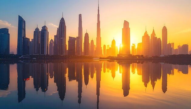 A serene cityscape at sunset with skyscrapers reflected in water (111)