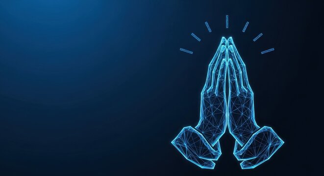 Digital Hands in Prayer on a Dark Blue Abstract Background