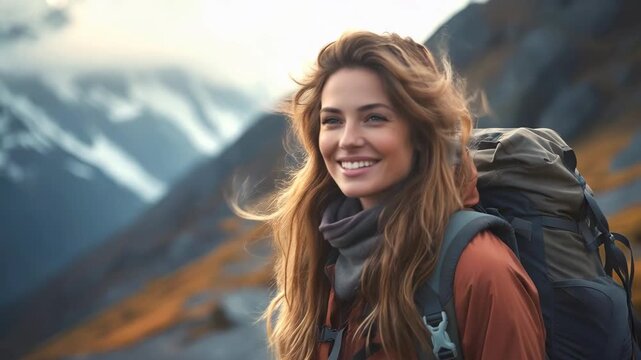 A hiker stands on a mountain trail, smiling while enjoying the views. She wears a large backpack and the sun shines on her face. Clouds drift in the sky.