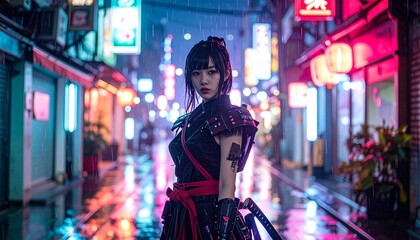 Obraz premium Cinematic cyberpunk portrait of a young woman in futuristic armor standing in a neon-lit rainy street with vibrant reflections and a dramatic urban atmosphere.