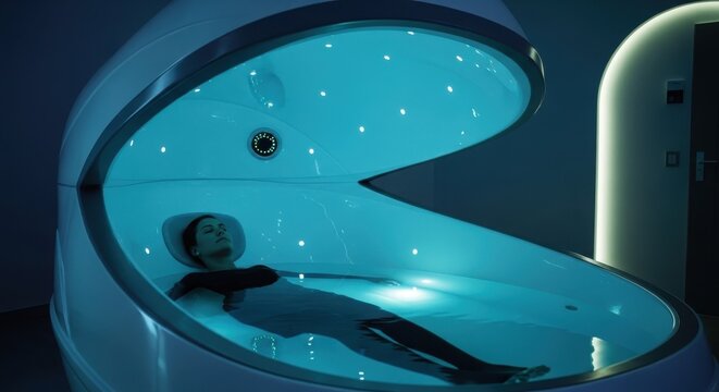 Woman peacefully floating in a modern sensory deprivation pod, experiencing deep relaxation and mental clarity.