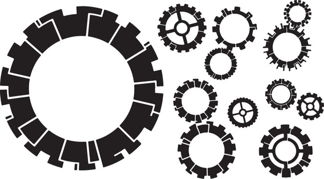 Gear icons, mechanical symbols, cogwheel shapes, black vector graphics