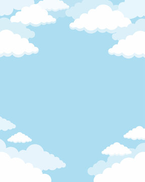Cloud sky background white fluffy cloudscape illustration cartoon Cloud background with fluffy white cloud clusters framing blue sky