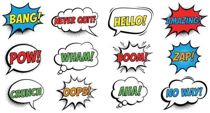 Comic book speech bubbles collection with action words and halftone patterns