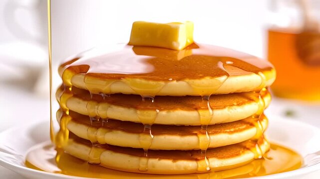 Fluffy Pancake Stack Dripping with Golden Syrup in Bright Breakfast Setting