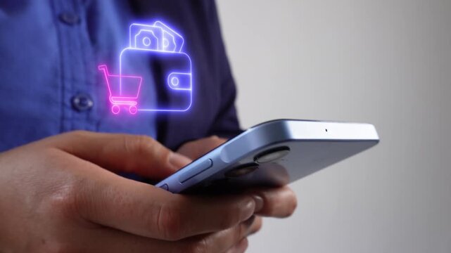 Paying for products and handling cash. Businesswoman with smartphone in hand, displaying a virtual wallet icon with a shopping cart.