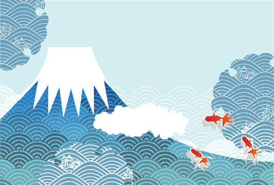 Japanese Style Mt Fuji with Goldfish and Wave Patterns