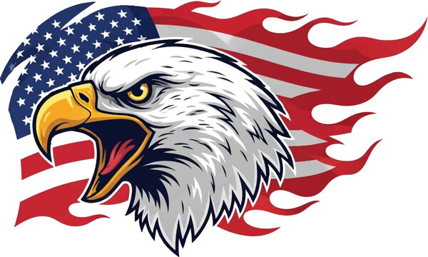 American bald eagle head, patriotic flames, USA flag background, vector illustration