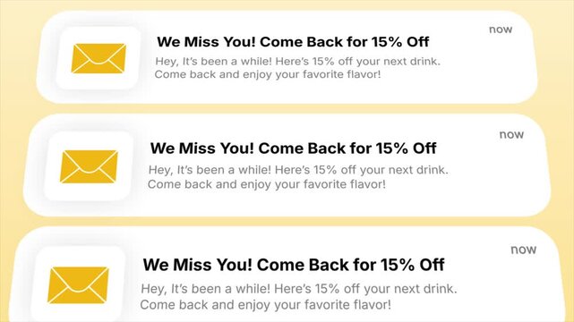 We Miss You &ndash; 15% Off email notifications appear dynamically in a 4K animated display. Perfect for marketing campaigns, customer re-engagement, and promotional content.
