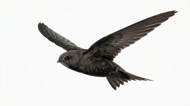 Graceful common swift in flight, a dark brown bird with long, pointed wings soaring against a bright white background, ideal for nature, wildlife, and avian studies.