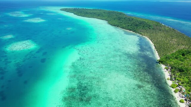 Cinematic aerial panorama of Balabac islands &ndash; Pristine tropical paradise with crystal clear turquoise water, white sandbars, and untouched nature in Palawan, Philippines