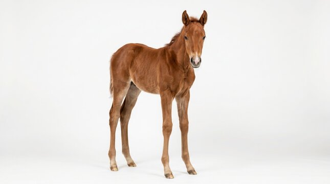 Adorable brown foal standing on a clean white background, a young horse portrait for equestrian themes and animal studies, cute baby animal imagery.