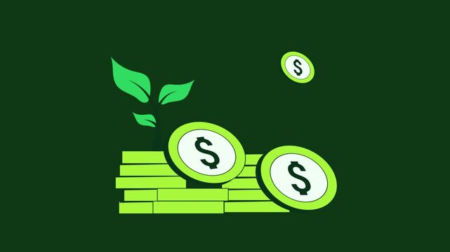 2D animation of financial growth with stacks of money increasing upward. Smooth motion graphic representing rising income, business success, investment growth,