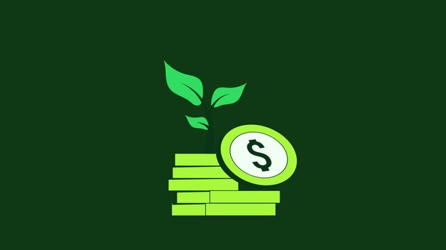 2D animation of financial growth with stacks of money increasing upward. Smooth motion graphic representing rising income, business success, investment growth,