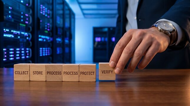 Businessman places final wooden block labeled 'VERIFY' completing data management cycle in modern server room with glowing lights