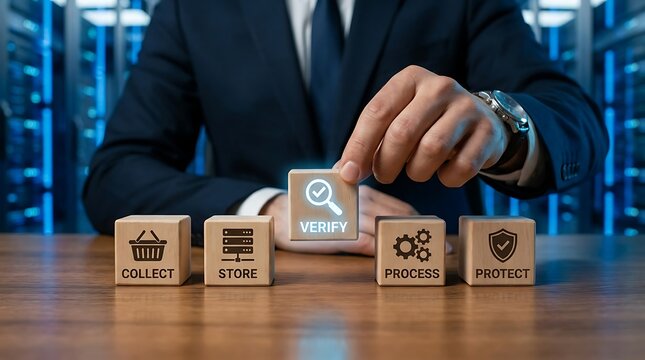 Businessman's hand places 'VERIFY' cube onto table, symbolizing data flow from Collect, Store, Process, to Protect in secure server room.