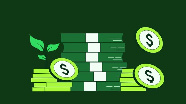 2D animation of financial growth with stacks of money increasing upward. Smooth motion graphic representing rising income, business success, investment growth,