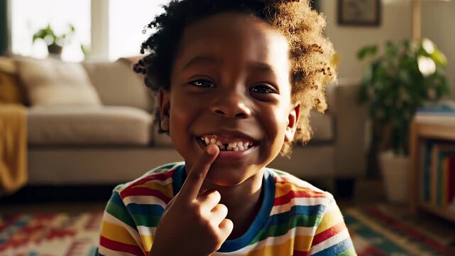 Child laughs and points to a missing tooth, captured from a low table-level angle in a cozy living room, highlighting childhood milestones, joy, and playful home atmosphere