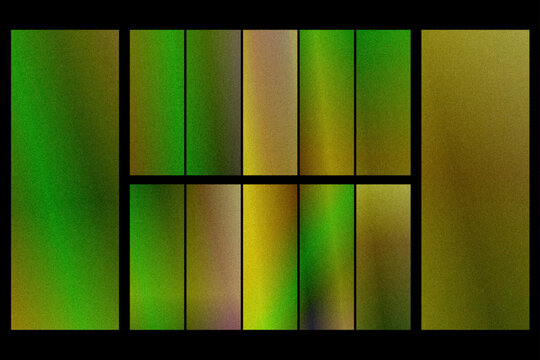 Dynamic collage of vertical green and gold gradient panels on deep black, creating a futuristic abstract layout perfect for tech, finance, or eco-themed designs.