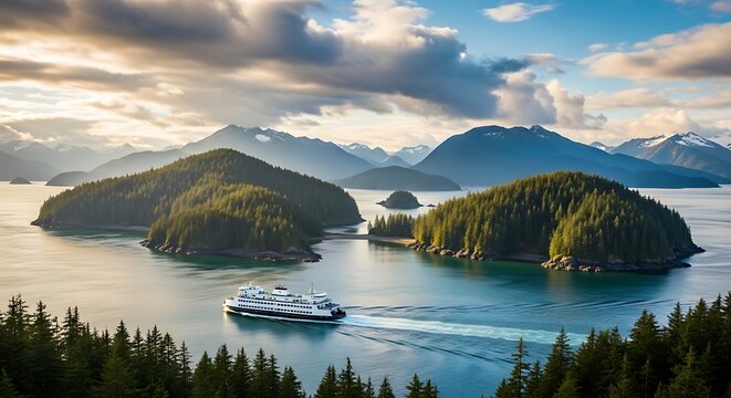 Scenic coastal landscape with islands ocean and a passenger ferry under a cloudy sky