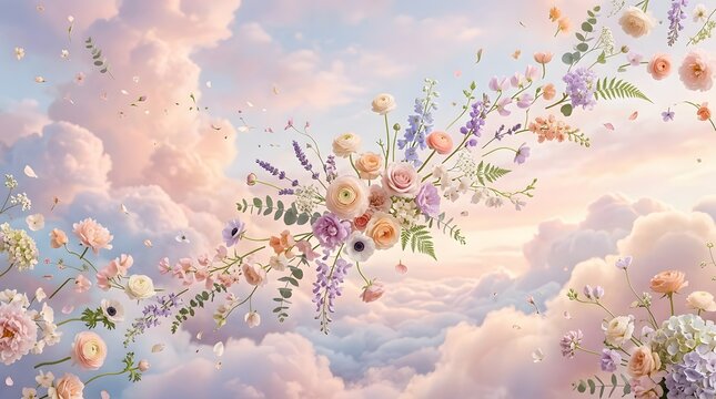 Floating Flowers in Dreamy Pastel Clouds