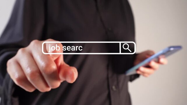 A businesswoman holding a smartphone while pointing forward at an animated web search bar with the text: job search