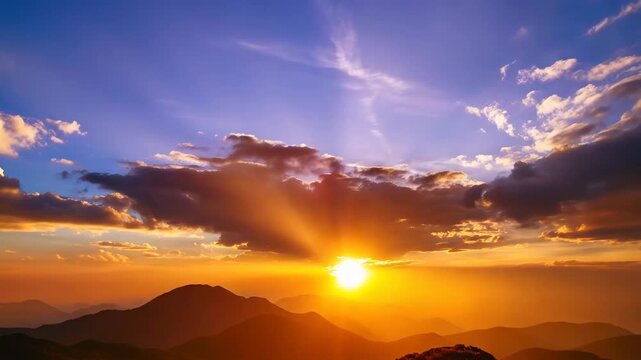 Sunrise brings light to the mountains and changes colors in the sky. Each frame shows different lighting and shadows as day begins.
