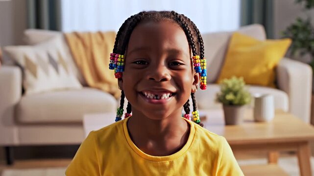Black girl smiling proudly while showing a missing tooth from parent point of view, medium shot capturing joyful expression and direct eye contact, cozy home background, childhood milestone moment