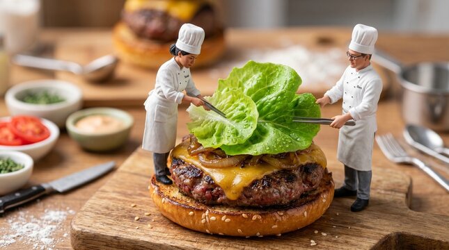 Miniature chefs in white uniforms carefully place a fresh green lettuce leaf onto a delicious grilled beef burger with melted cheese on a wooden cutting board in this creative photograph.