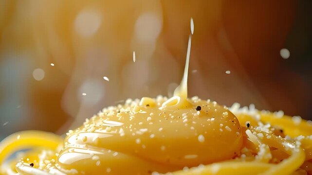 Creamy Pasta with Melted Cheese Pouring Over Fresh Noodles in Warm Kitchen Closeup