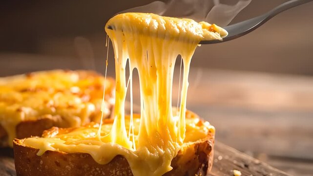 Melted Cheese Stretching from Crispy Toasted Bread in Warm Kitchen Closeup