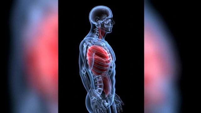 Human skeleton with highlighted red internal organ in medical 3D illustration