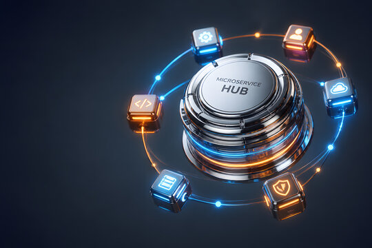 Futuristic microservice hub with orbiting cloud modules