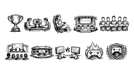 Obraz premium A hand-drawn collection of icons depicting esports tournaments, gaming setups, trophies, and players, representing competitive gaming culture.