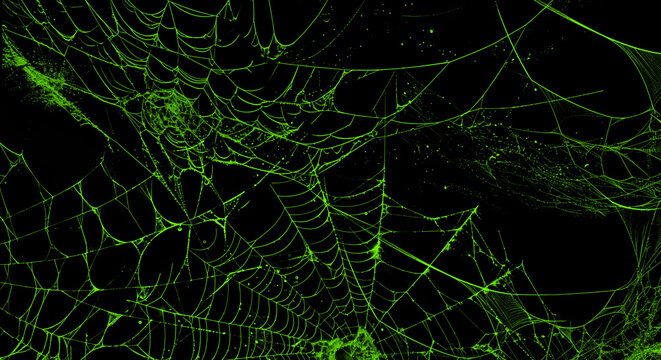Glowing green spider web, neon black background, eerie Halloween decoration, spooky ambiance