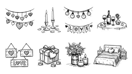Obraz premium Hand-drawn sketch illustrations depict various romantic symbols for Valentine's Day, including hearts, candles, gifts, and a bed.